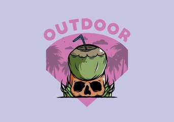 Coconut drink on human skull illustration