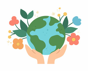 vector hands holding earth with flowers. earth day illustration with cute planet. environment friend