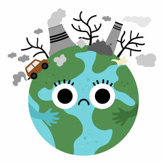 Vector earth for kids. Earth day illustration with sad kawaii polluted planet. Environment friendly icon with globe and power plant, waste on top. Ecological concept.