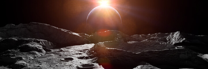 Wall Mural - moon landscape, earth and sun at the horizon, background banner format