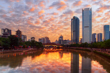 Chengdu Sichuan Bridges, Pavilions, River And High Buildings Under The Colorfuo Clouds 