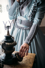Woman In Blue Vintage Dress 1800s Early 1900s Clothing. Edwardian Victorian Epoque Dress