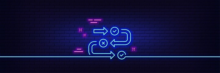 Canvas Print - Neon light glow effect. Survey progress line icon. Quiz algorithm sign. Business interview symbol. 3d line neon glow icon. Brick wall banner. Survey progress outline. Vector