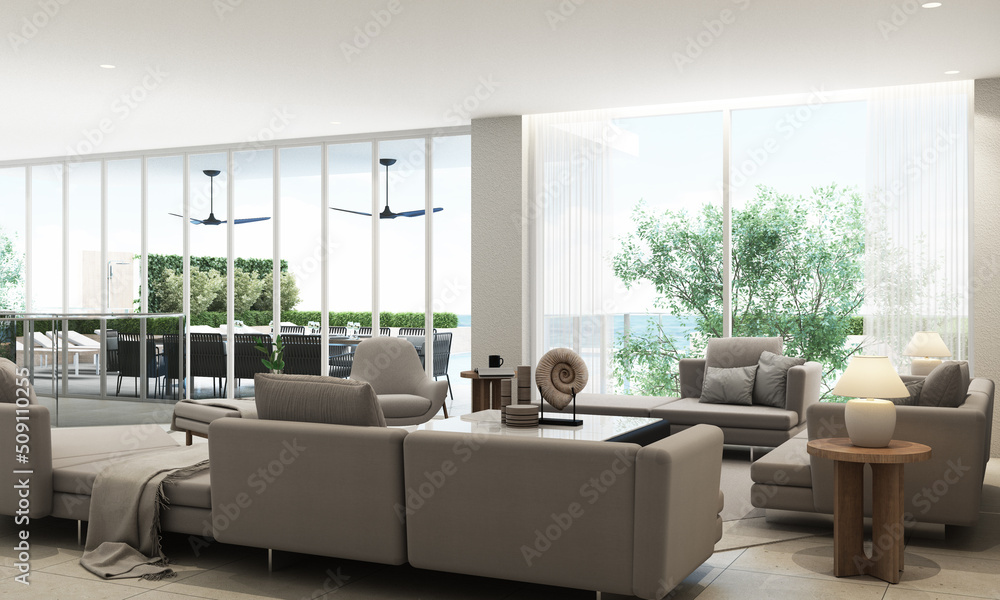 Interior design of pool villa in white tones and expensive with wood ...