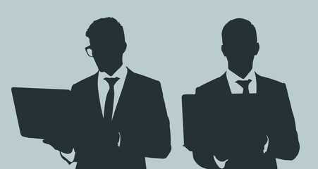 Dark gray silhouettes portrait of two businessmen are posing and holding laptop on light gray background, flat line vector and illustration.