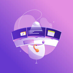 Wall Mural - a programmer's workplace, a monitor with program code and messengers. isolated vector illustration.