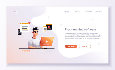 Wall Mural - programming concept, character web coder at work, vector illustration. developer programming web sit