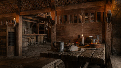 Poster - Old medieval or Viking tavern bar with bread and ale on a table. 3D rendering.