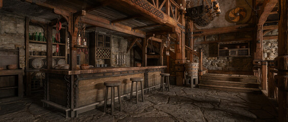 Poster - An old medieval inn with beer barrels behind the bar, stone floor, wooden beams and candle light. 3D rendering.