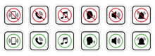 Silence Mute Zone Red Forbidden Round Sign. Warning Ban Noise Rule. Notification Call Black Silhouette Icon Set. Use Phone Speak Loud Allowed Area Green Symbol. Isolated Vector Illustration