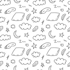 Doodle sleep night items seamless pattern. Hand drawn sleeping elements pattern