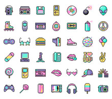 Set Of 90s And Y2k Icons In Pixel Art Design Isolated On White Background