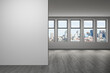 Downtown Seattle City Skyline Buildings from High Rise Window. Beautiful Expensive Real Estate overlooking. Empty room Interior. Mockup wall. Skyscrapers Cityscape. Day. USA. 3d rendering