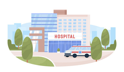 Wall Mural - Hospital building and ambulance 2D vector isolated illustration. Medical service. Flat cityscape on cartoon background. Colourful editable scene for mobile, website, presentation. Akrobat font used