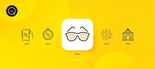Circus Tent, Travel Compass And Love Glasses Minimal Line Icons. Yellow Abstract Background. Discounts App, Fireworks Explosion Icons. For Web, Application, Printing. Vector