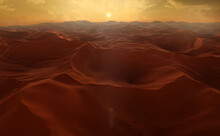 Panorama Of Sand Dunes Sahara Desert At Sunset. Endless Dunes Of Yellow Sand