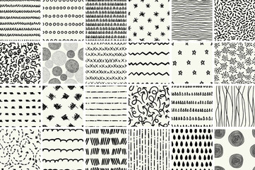 Wall Mural - big set seamless abstract hand-drawn patterns, line pattern, texture, black and white background.vec