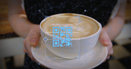 Sticker - Image of QR code with web connection over woman holding cup of coffee