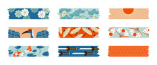 Washi Tape Set Japanese Design Elements. Collection Of Strips Of Scotch Tape With A Pattern Of Koi Fish, Lotus, Umbrella, Katana And Fan. Pieces Of Sticky Paper For Frames, Scrapbooking, Stickers.