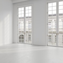 Wall Mural - White  empty room in classical style interior mockup 3d render with large windows and view to classic building