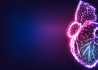 Wall Mural - Futuristic holographic heart concept in glowing low polygonal style isolated on purple background. 
