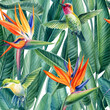 Watercolor seamless pattern palm eaves, hummingbird and strelizia flowers, Illustration of modern exotic jungle plants