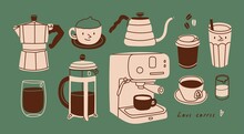 Coffee Brewing Equipment. Isolated Coffee Elements Set. French Press, Coffee Machine, Grinder, Mug, Cup, Milk Pitcher, Kettle. Collection For Menu, Coffee Shop. Hand Drawn Modern Vector Illustration