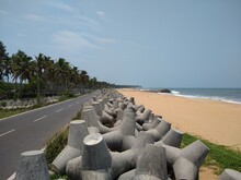 Sea Wave Breaker, Concrete Tetrapods In Kerala Coastal Area, Seascape View