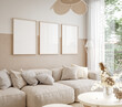 canvas print picture Mockup frame in home interior background, living room in pastel beige colors, boho style, 3d render