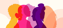 Profiles Of Young Colored Silhouettes. Vector Multiple Exposure. Young People Smiling. Students Smiling. Young People Who Are Well Together. Local And Regional Culture.