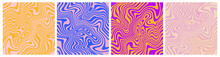Set Of Wavy Seamless Trippy Patterns In Psychedelic Colors. Abstract Vector Swirl Backgrounds. 1970 Aesthetic Textures With Flowing Waves