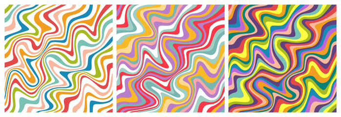 Aufkleber - Set of Wavy Colorful Seamless Patterns in Retro Style. Abstract Vector Textures in 1970 Hippie Aesthetics