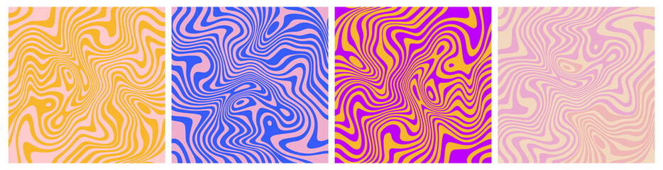 Fototapete - Set of Wavy Seamless Trippy Patterns in Psychedelic Colors. Abstract Vector Swirl Backgrounds. 1970 Aesthetic Textures with Flowing Waves