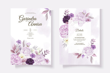 Wall Mural -  Beautiful purple  floral frame wedding invitation card template Premium Vector