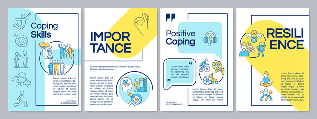 Positive coping skills for teenagers blue and yellow brochure template. Leaflet design with linear icons. Editable 4 vector layouts for presentation, annual reports. Questrial, Lato-Regular fonts used