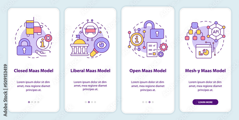 MaaS models onboarding mobile app screen. Digital system walkthrough 4 ...