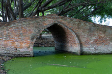 Old Brick Bridge Over Green Still Water