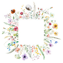 Square Frame Made Of Watercolor Wildflowers And Leaves, Wedding And Greeting Illustration
