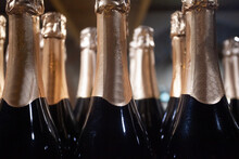 Golden Champagne Bottles Necks Standing On Light Background