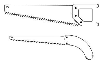 Hand drawn set of two hacksaws. Tool for cutting wood. Doodle style. Vector