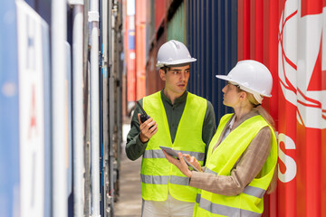 Professional workers team working together at warehouse container yard.