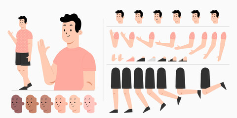 Young man character creation kit design for animation. City casual cartoon male flat vector design.