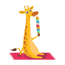 Summer Illustration: A Giraffe Is Sitting On A Blanket Or Towel, Eating A Large Multi-colored Ice Cream. On Vacation, On The Beach Or In The Pool.