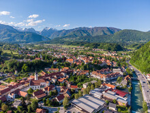 Aerial: Photo Of Beautiful Old Town Surrounded By Lush Green Mountain Landscape At Kamnik, Slovenia