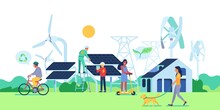 Green Energy City Residents. Ecological Environment People. Flat Style Men And Women Walk In Park. Wind Mills And Solar Panels. Natural Renewable Electricity Sources. Vector Concept