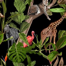Tropical Wild Animals, Ibis Bird, Zebra, Giraffe, Leopard Jaguar Savannah Cat Sleeping On A Tree And Palm Trees, Banana Tree. Floral Seamless Pattern On White Background. Exotic Jungle Wallpaper.