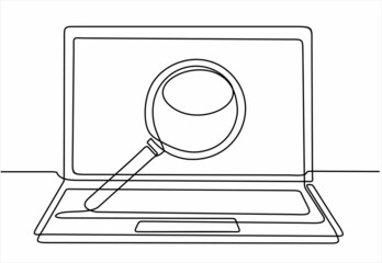 Continuous one line drawing of laptop with browser and magnifying glass. Search. Hand drawn design vector illustration.