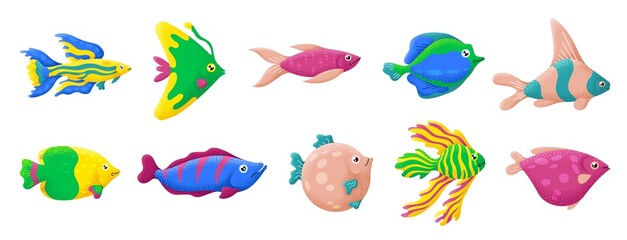 Exotic fish collection. Aquarium green pet, oceanic tropical sea animal. Underwater wildlife characters, color textured marine life swanky vector design
