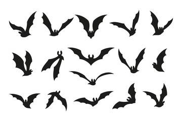 Wall Mural - Flying bat silhouettes. Isolated black bats, graphic vampire symbols set. Gothic halloween swarm fly animals. Horror scary tidy decorative stencil for cut, vector bundle