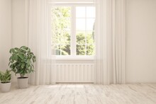White Empty Room With Summer Landscape In Window. Scandinavian Interior Design. 3D Illustration